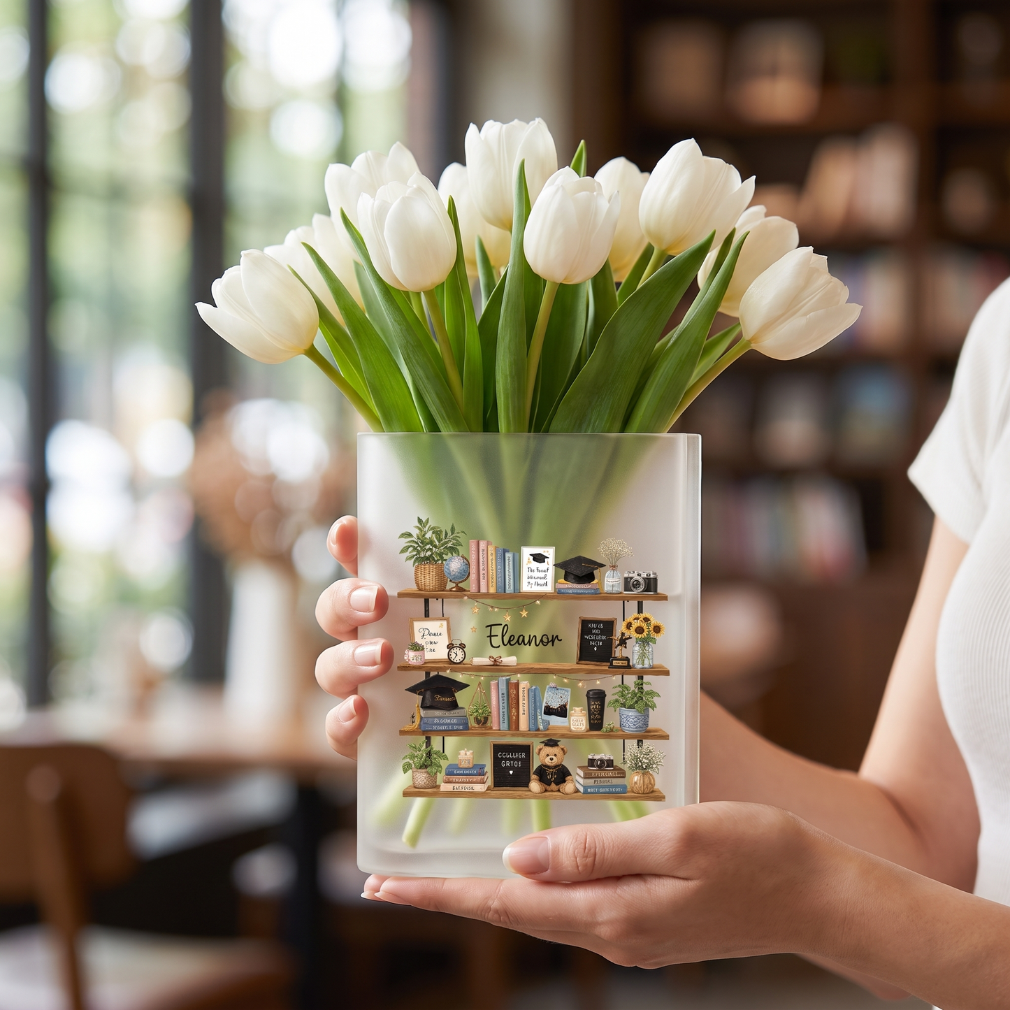 Personalized Graduation Bookshelf Acrylic Book Vase, Custom Name Graduation Flower Vase