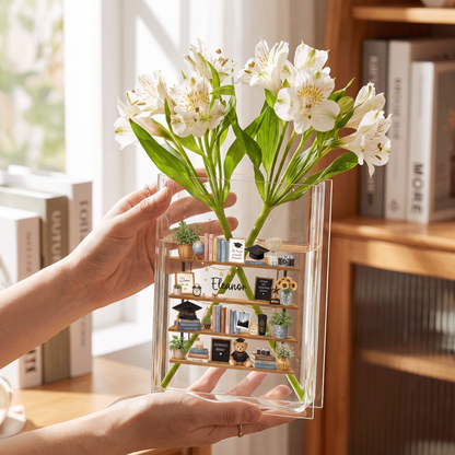 Personalized Graduation Bookshelf Acrylic Book Vase, Custom Name Graduation Flower Vase