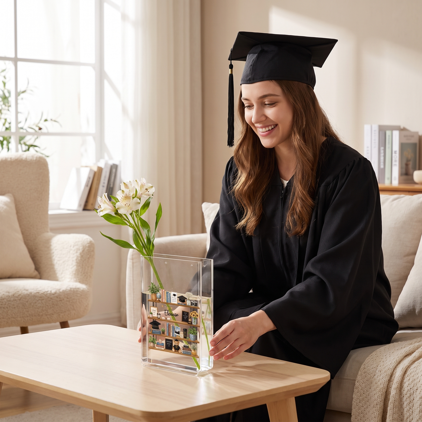 Personalized Graduation Bookshelf Acrylic Book Vase, Custom Name Graduation Flower Vase