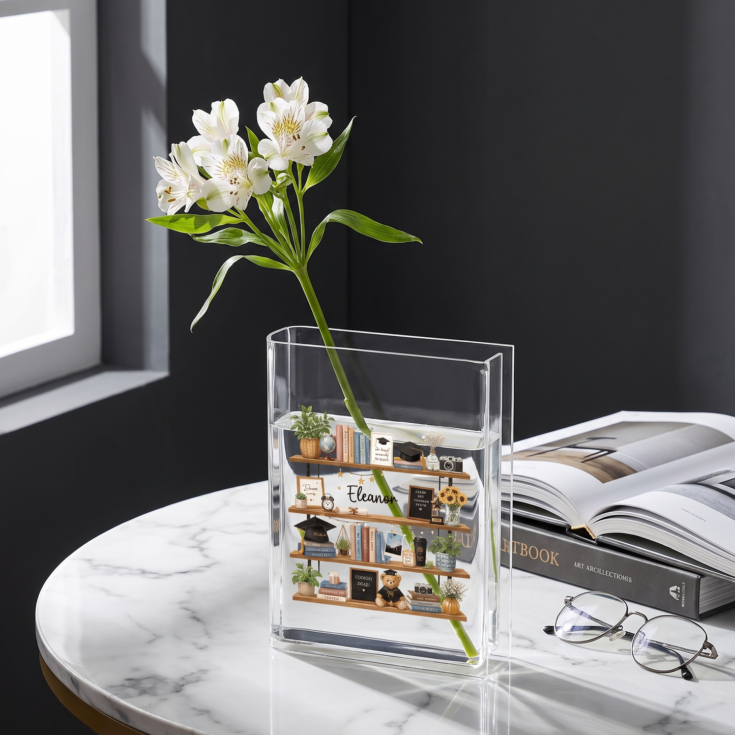 Personalized Graduation Bookshelf Acrylic Book Vase, Custom Name Graduation Flower Vase