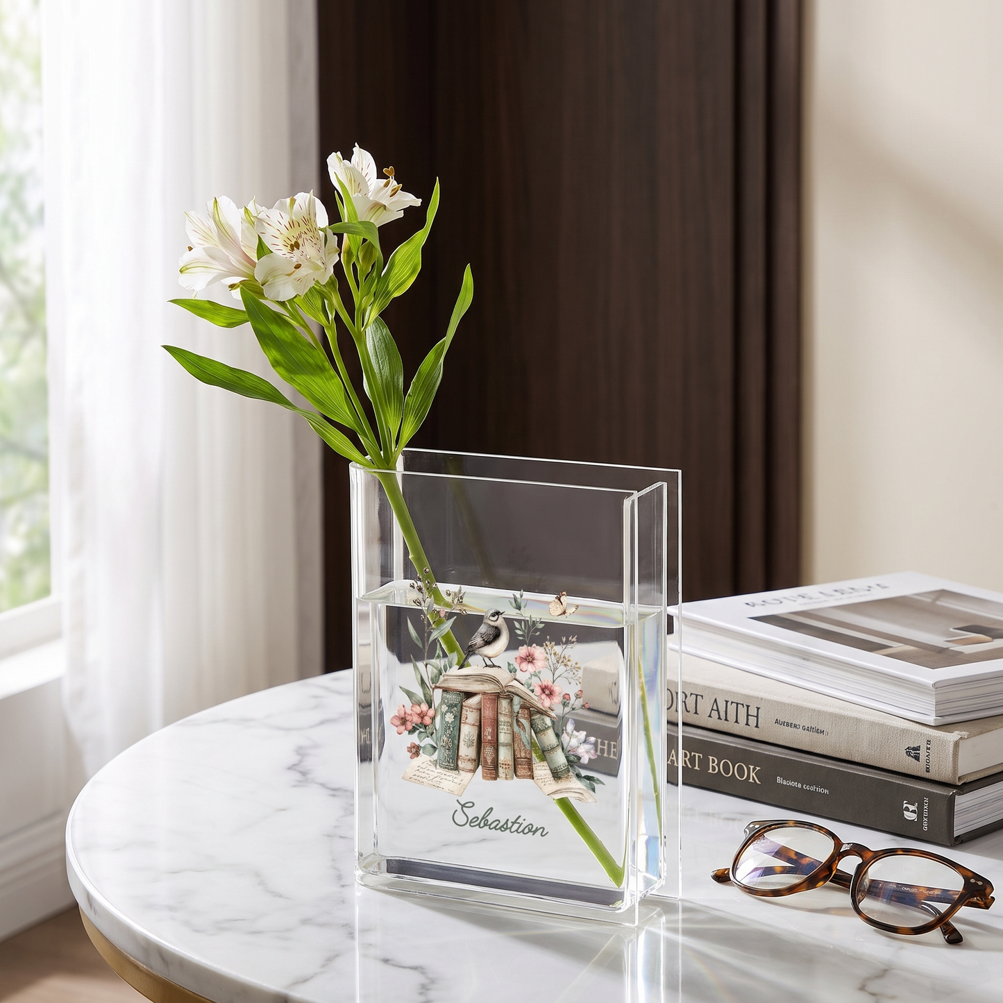 Personalized Vintage Books & Bird Acrylic Book Vase, Custom Name Literary Flower Vase