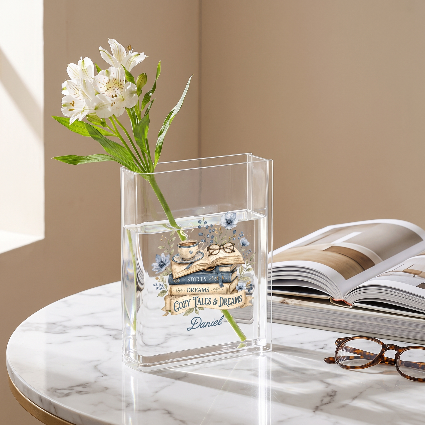 Personalized Stories, Dreams, Cozy Tales & Dreams Acrylic Book Vase with Custom Name