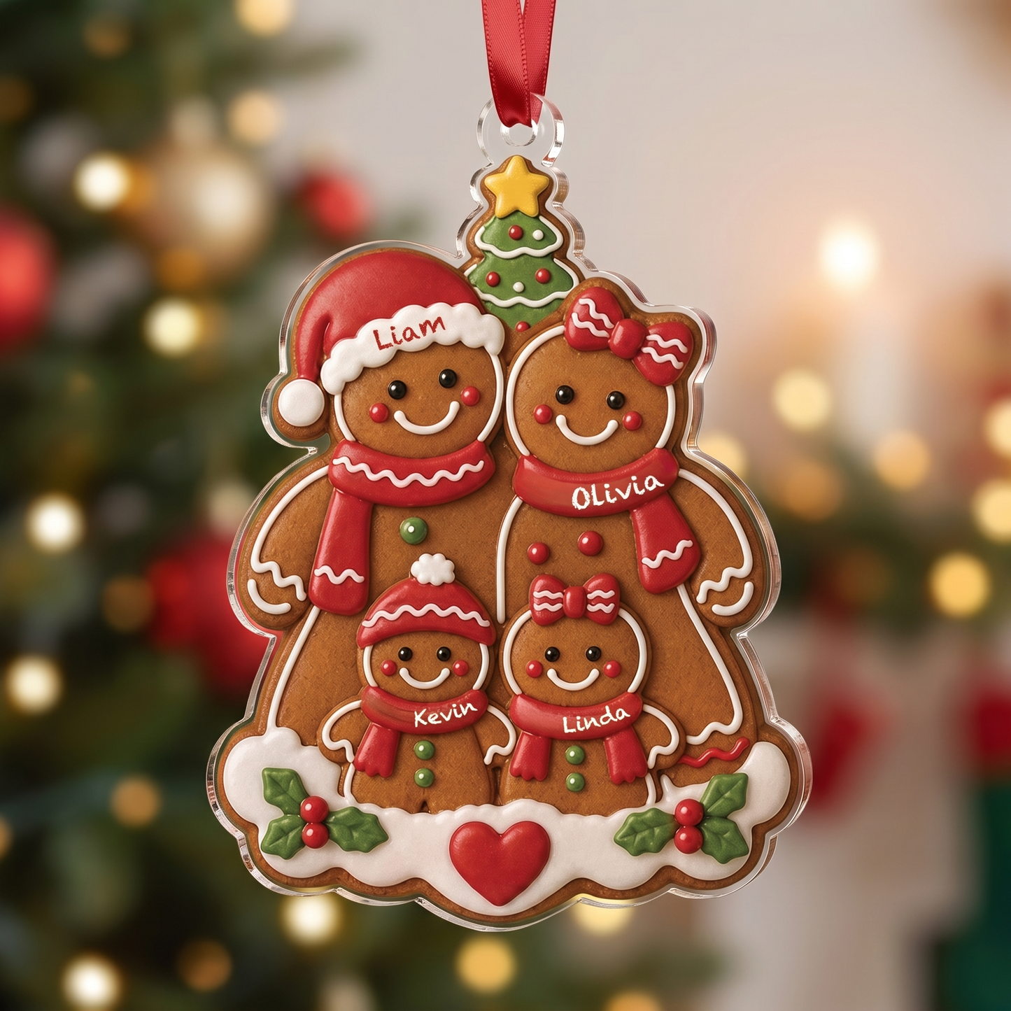 Personalized Gingerbread Family Acrylic Christmas Ornament, Custom Name Holiday Gift