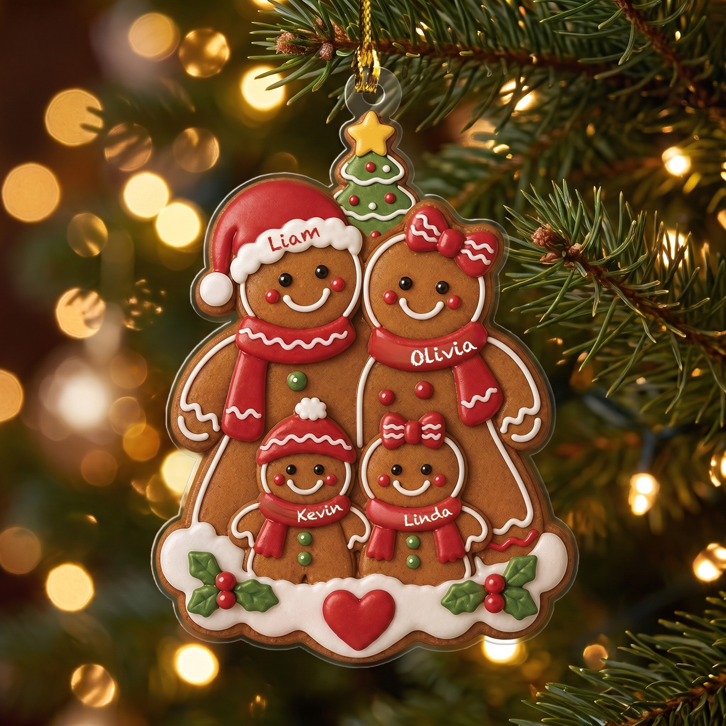 Personalized Gingerbread Family Acrylic Christmas Ornament, Custom Name Holiday Gift