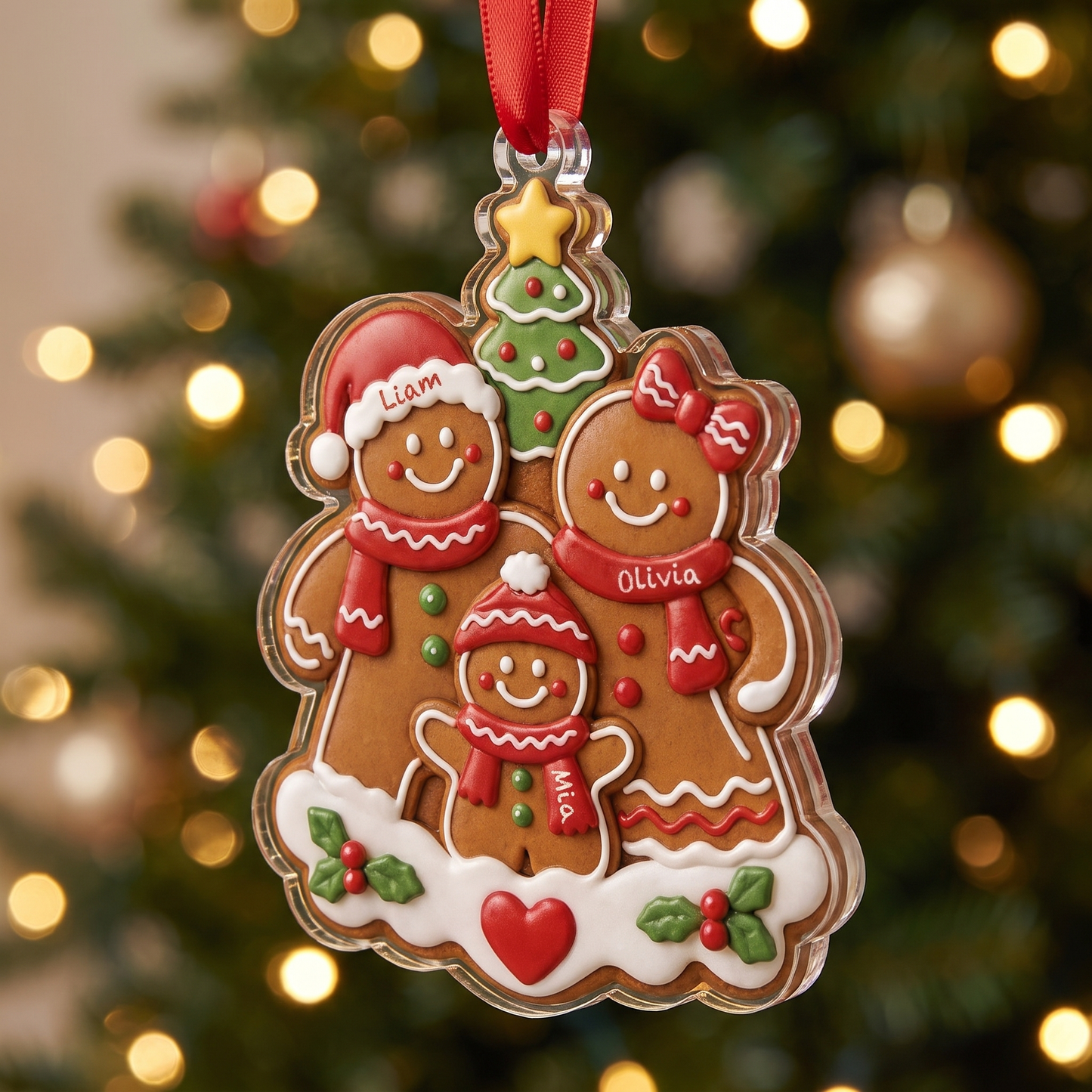Personalized Gingerbread Family Acrylic Christmas Ornament, Custom Name Holiday Gift