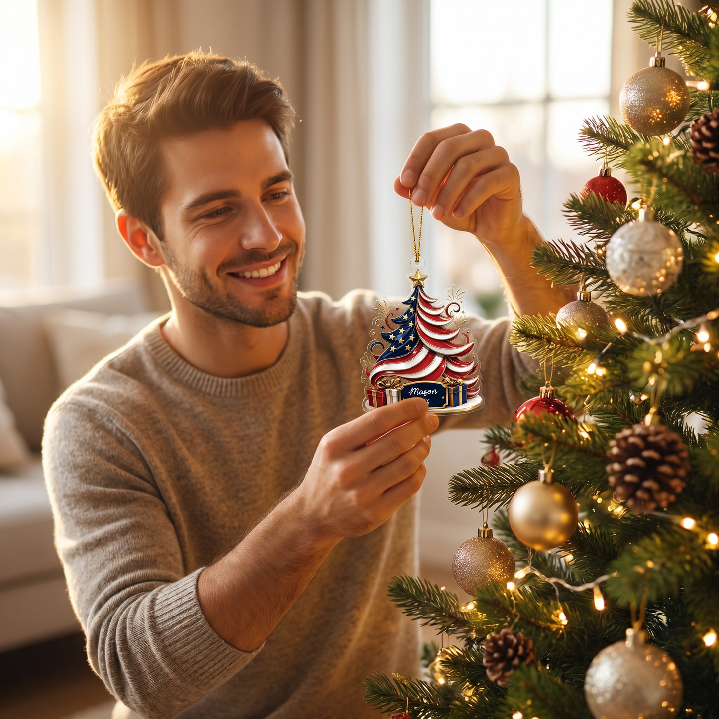 Personalized American Flag Christmas Tree Acrylic Ornament with Custom Name