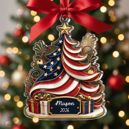 Personalized American Flag Christmas Tree Acrylic Ornament with Custom Name