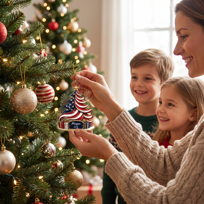 Personalized American Flag Christmas Tree Acrylic Ornament with Custom Name