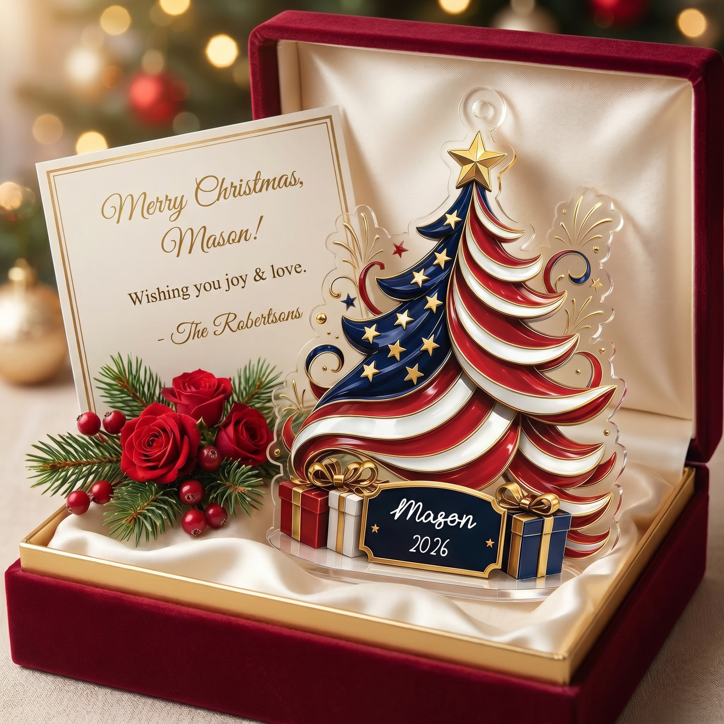 Personalized American Flag Christmas Tree Acrylic Ornament with Custom Name