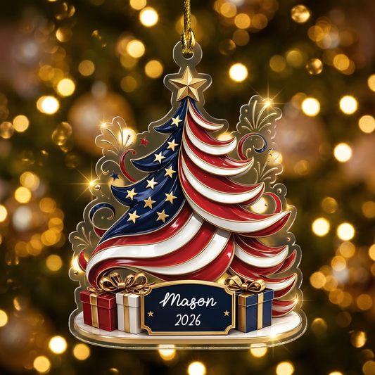 Personalized American Flag Christmas Tree Acrylic Ornament with Custom Name