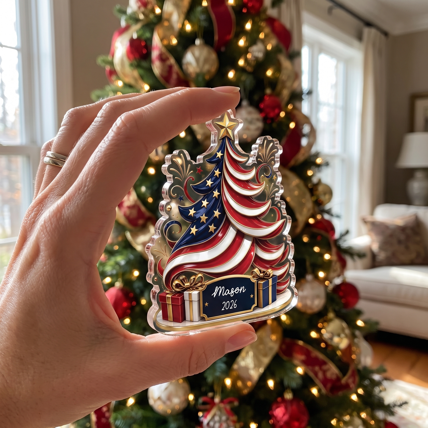 Personalized American Flag Christmas Tree Acrylic Ornament with Custom Name