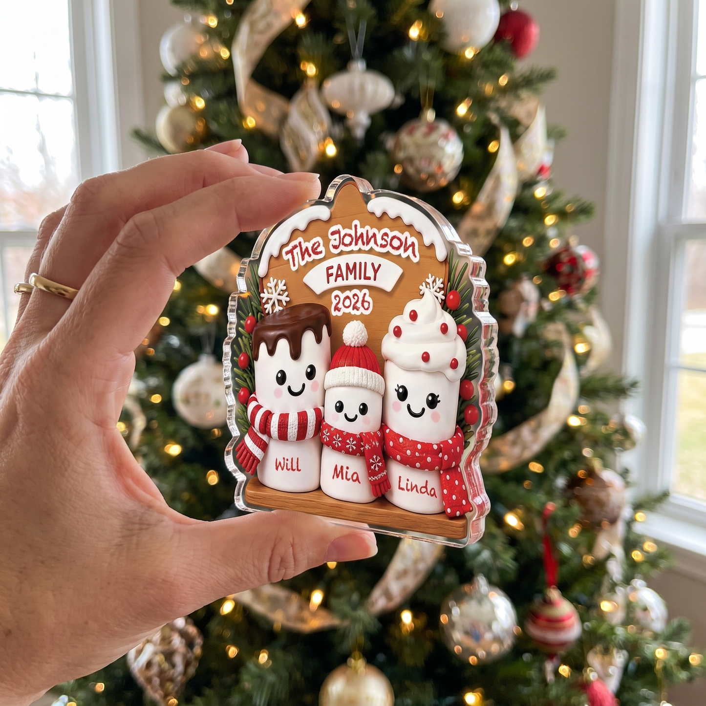 Personalized Marshmallow Family Acrylic Christmas Ornament, Custom Name Holiday Gift