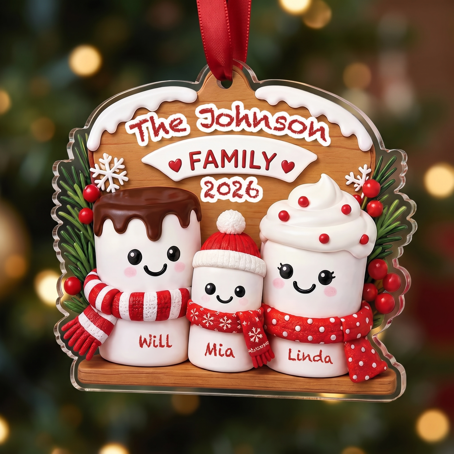 Personalized Marshmallow Family Acrylic Christmas Ornament, Custom Name Holiday Gift