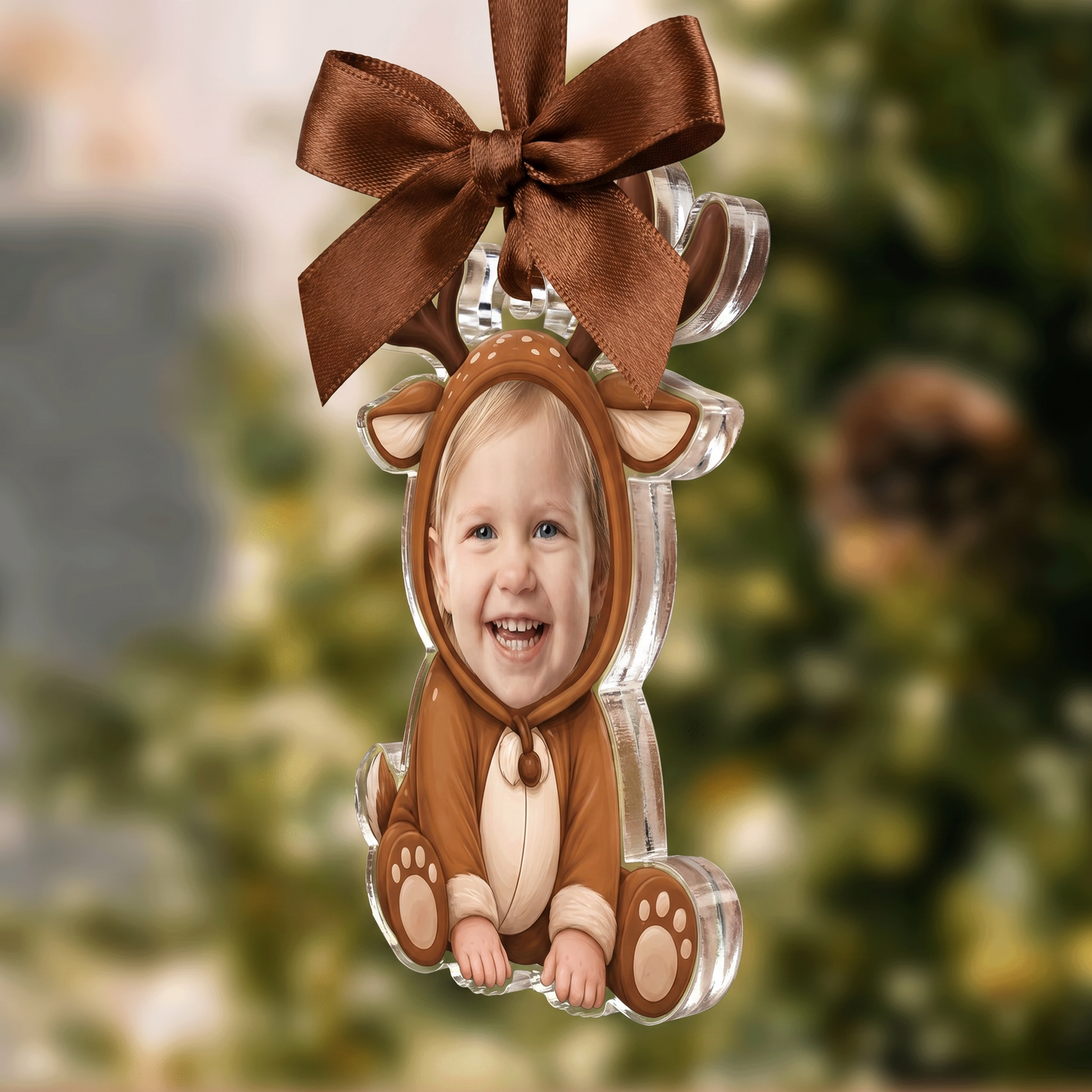 Personalized Cute Reindeer Acrylic Christmas Ornament, Custom Photo Holiday Gift