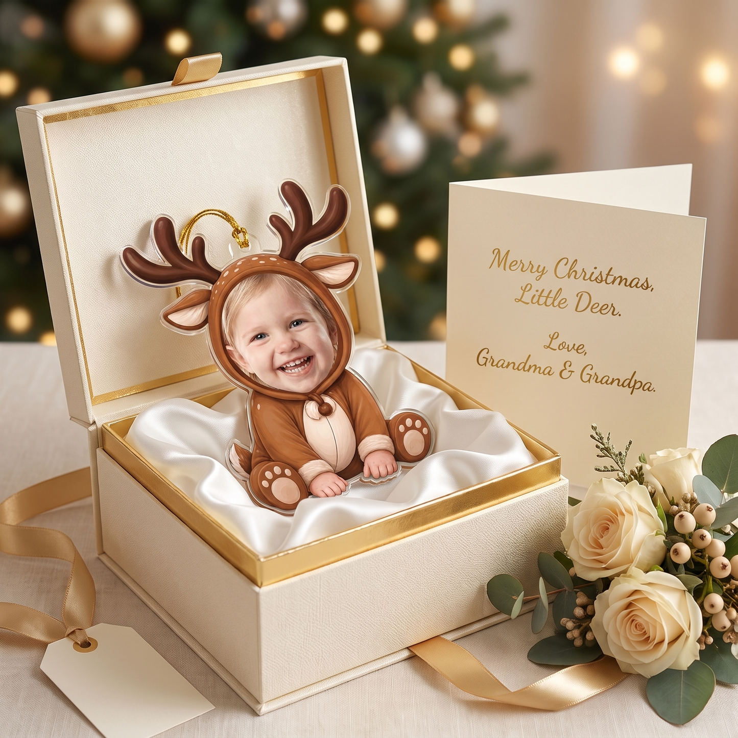 Personalized Cute Reindeer Acrylic Christmas Ornament, Custom Photo Holiday Gift