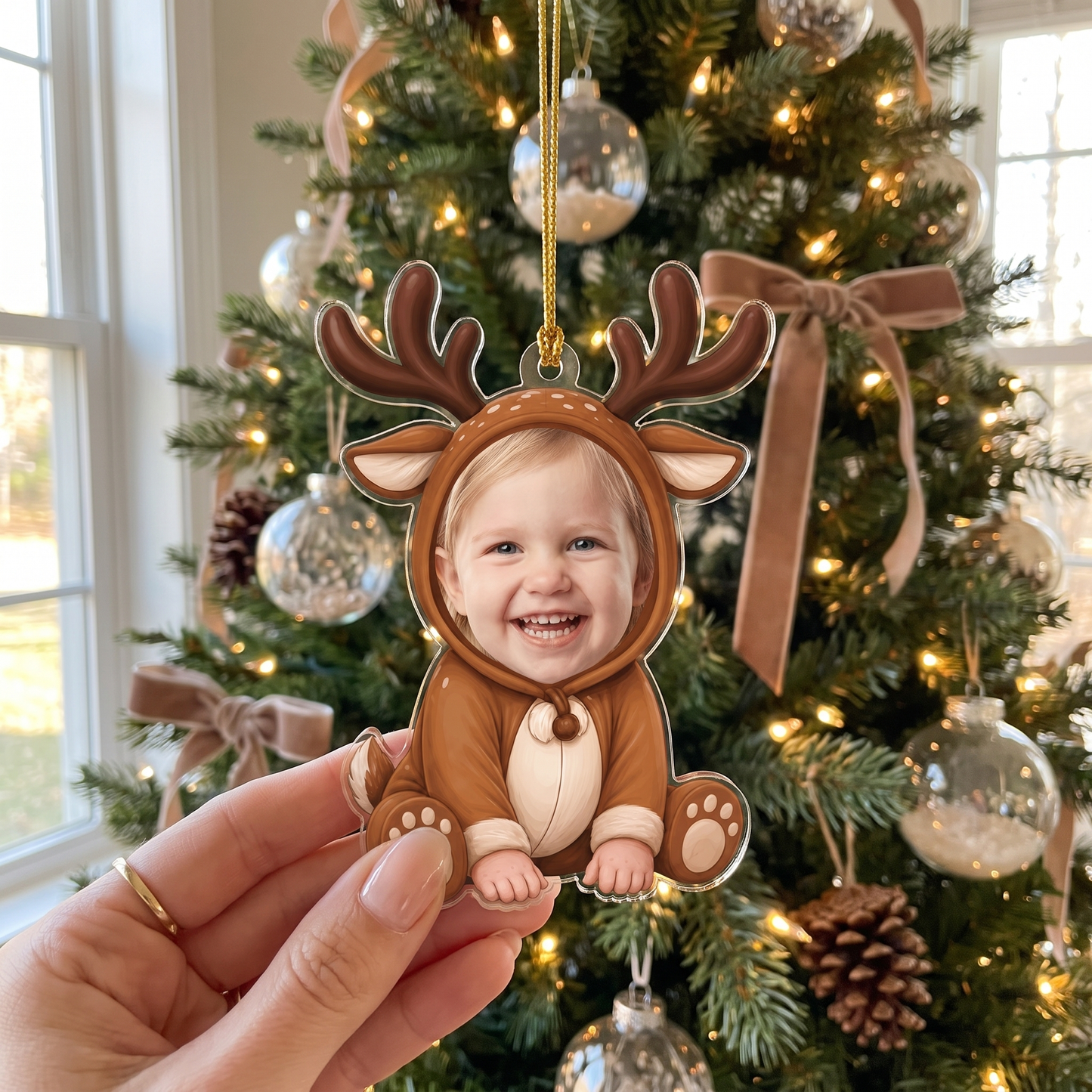 Personalized Cute Reindeer Acrylic Christmas Ornament, Custom Photo Holiday Gift