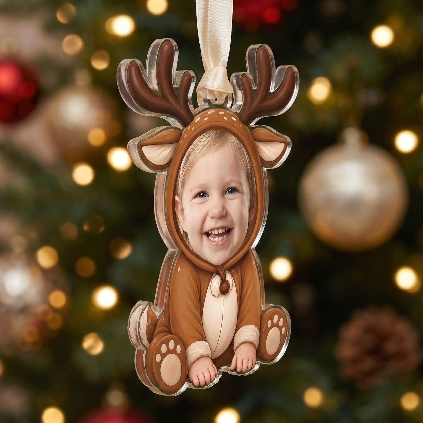 Personalized Cute Reindeer Acrylic Christmas Ornament, Custom Photo Holiday Gift