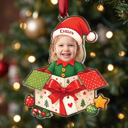 Personalized Kids Gift Box Acrylic Christmas Ornament, Custom Photo Holiday Gift