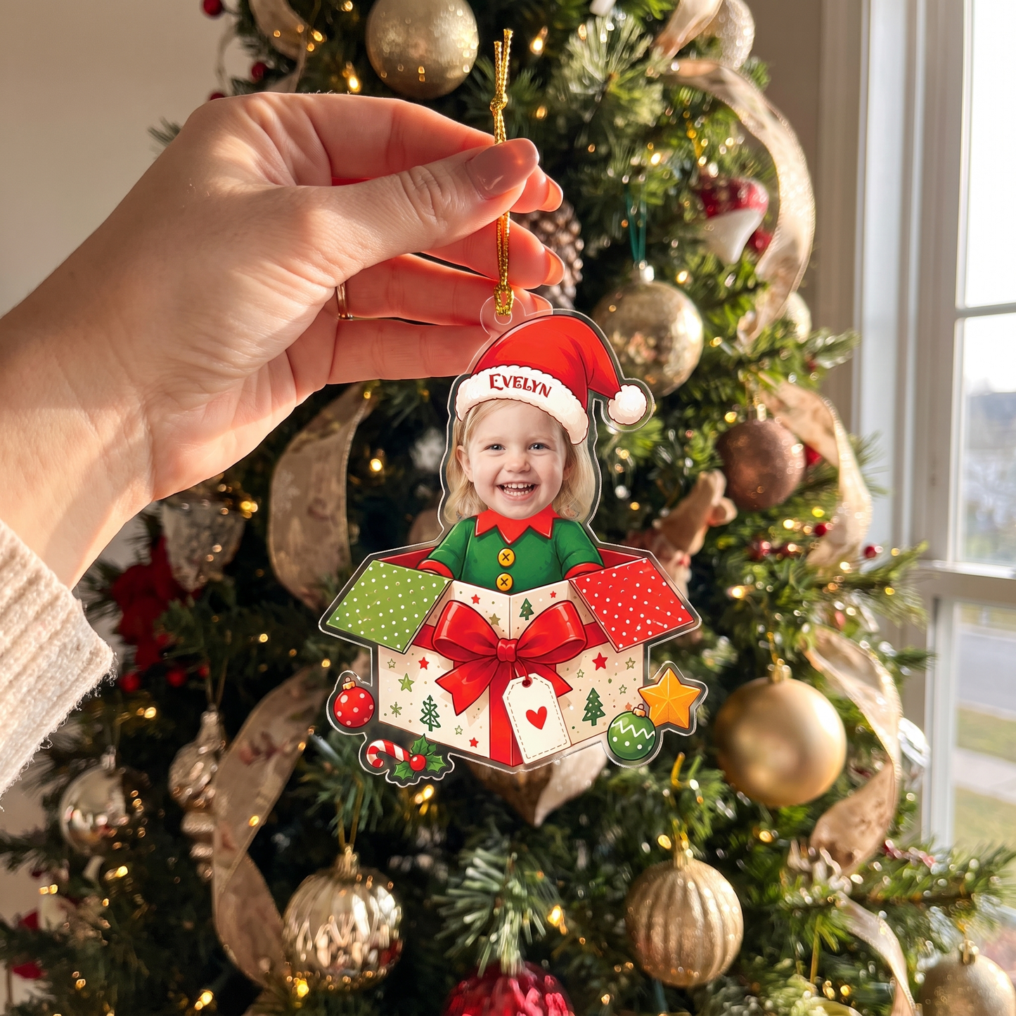 Personalized Kids Gift Box Acrylic Christmas Ornament, Custom Photo Holiday Gift