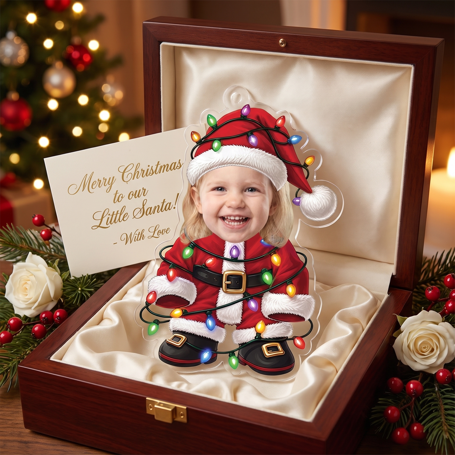 Personalized Kid Santa with Christmas Lights Acrylic Christmas Ornament, Custom Photo Holiday Gift