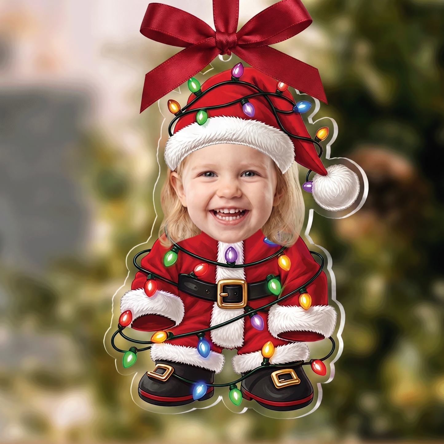 Personalized Kid Santa with Christmas Lights Acrylic Christmas Ornament, Custom Photo Holiday Gift