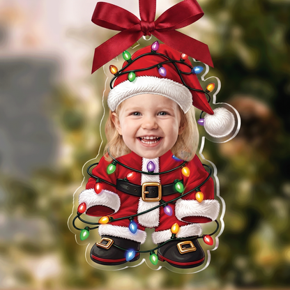 Personalized Kid Santa with Christmas Lights Acrylic Christmas Ornament, Custom Photo Holiday Gift