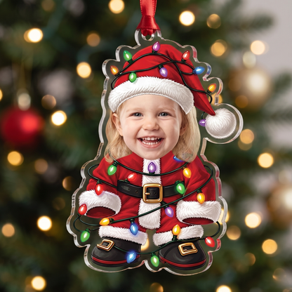Personalized Kid Santa with Christmas Lights Acrylic Christmas Ornament, Custom Photo Holiday Gift