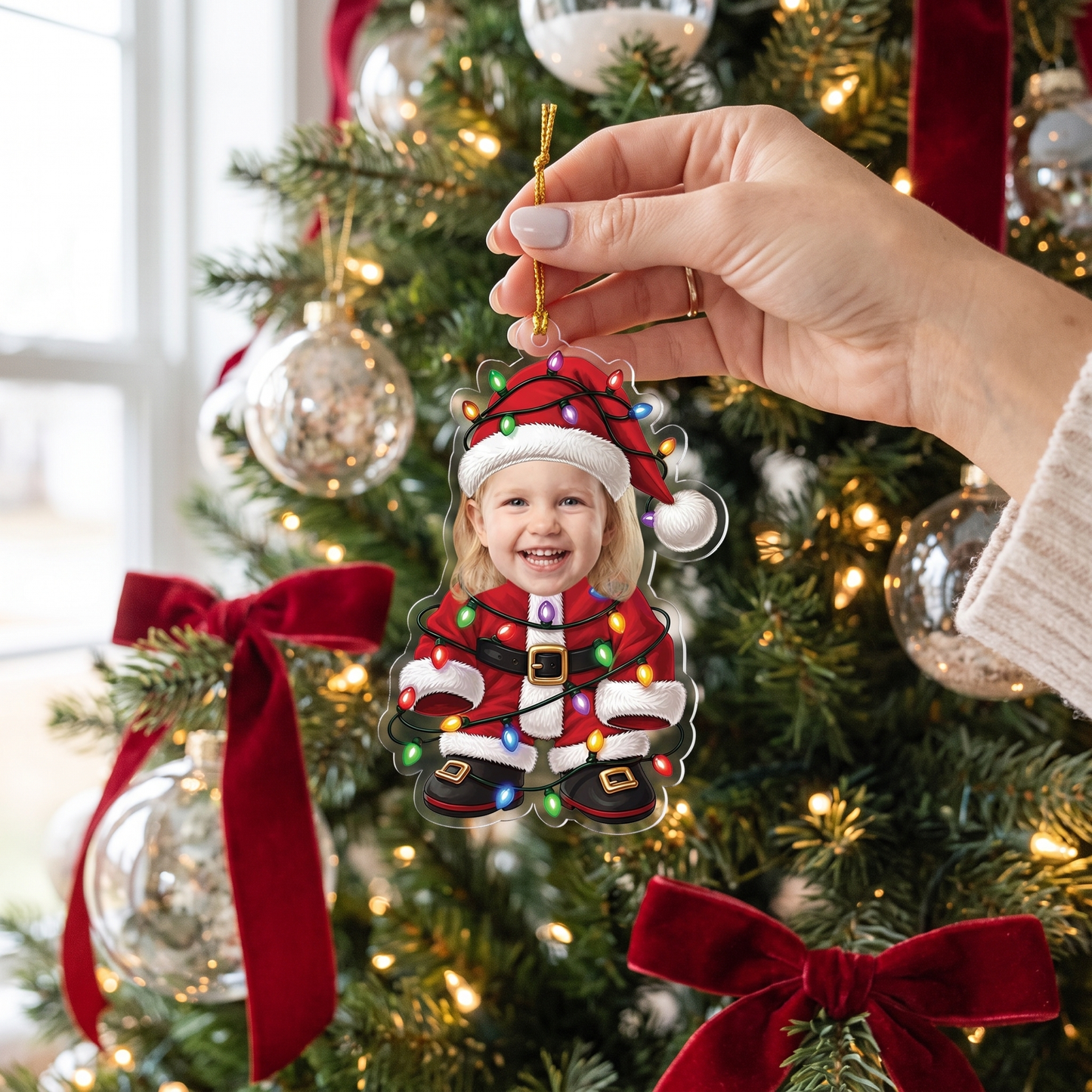 Personalized Kid Santa with Christmas Lights Acrylic Christmas Ornament, Custom Photo Holiday Gift