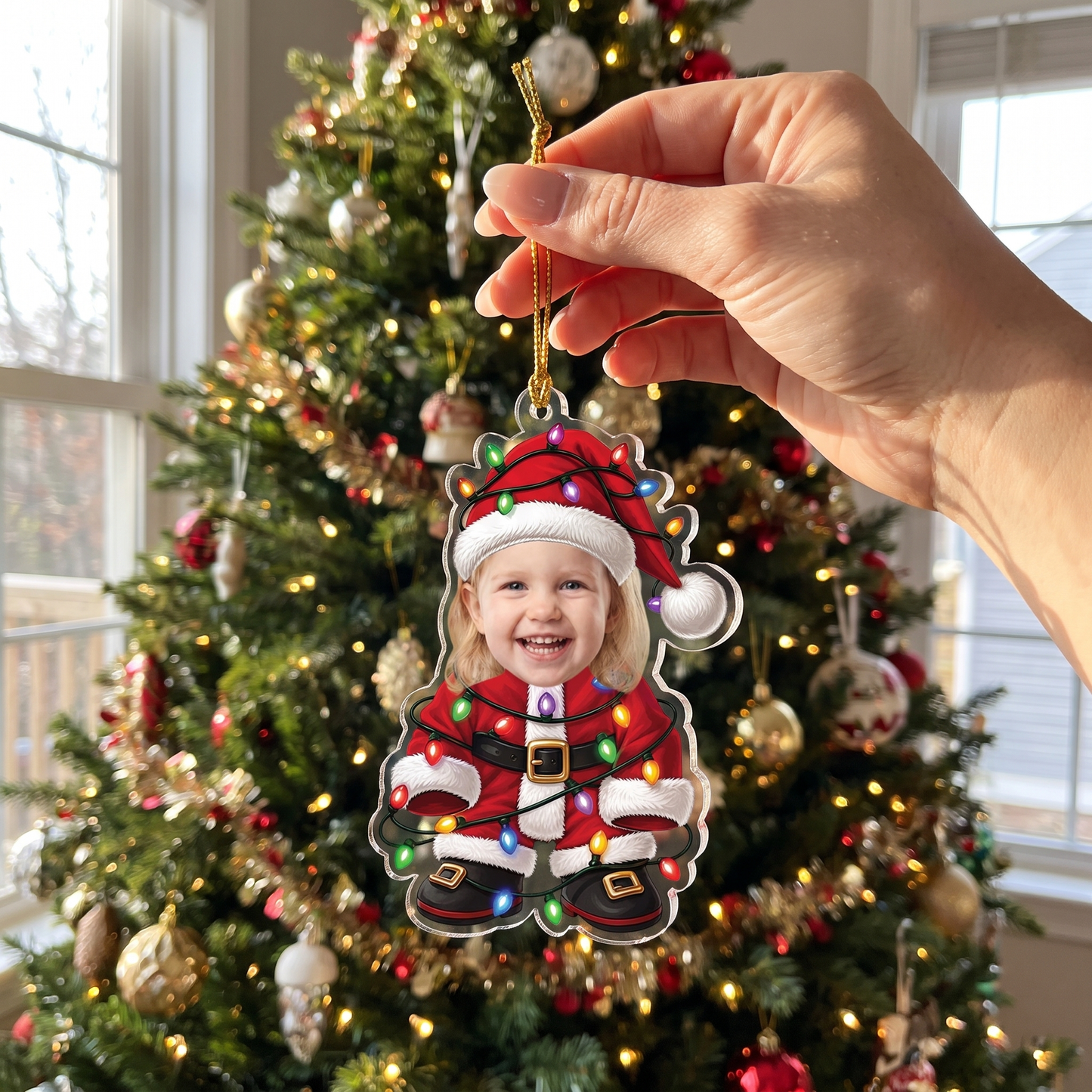 Personalized Kid Santa with Christmas Lights Acrylic Christmas Ornament, Custom Photo Holiday Gift