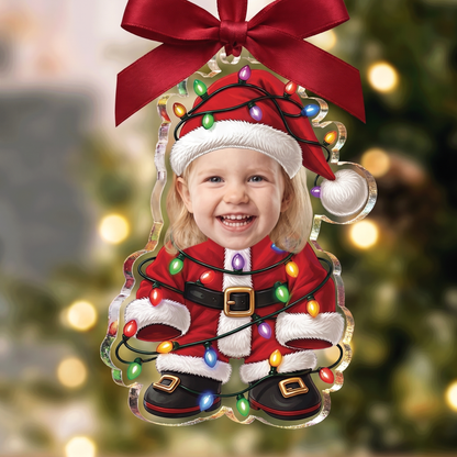 Personalized Kid Santa with Christmas Lights Acrylic Christmas Ornament, Custom Photo Holiday Gift