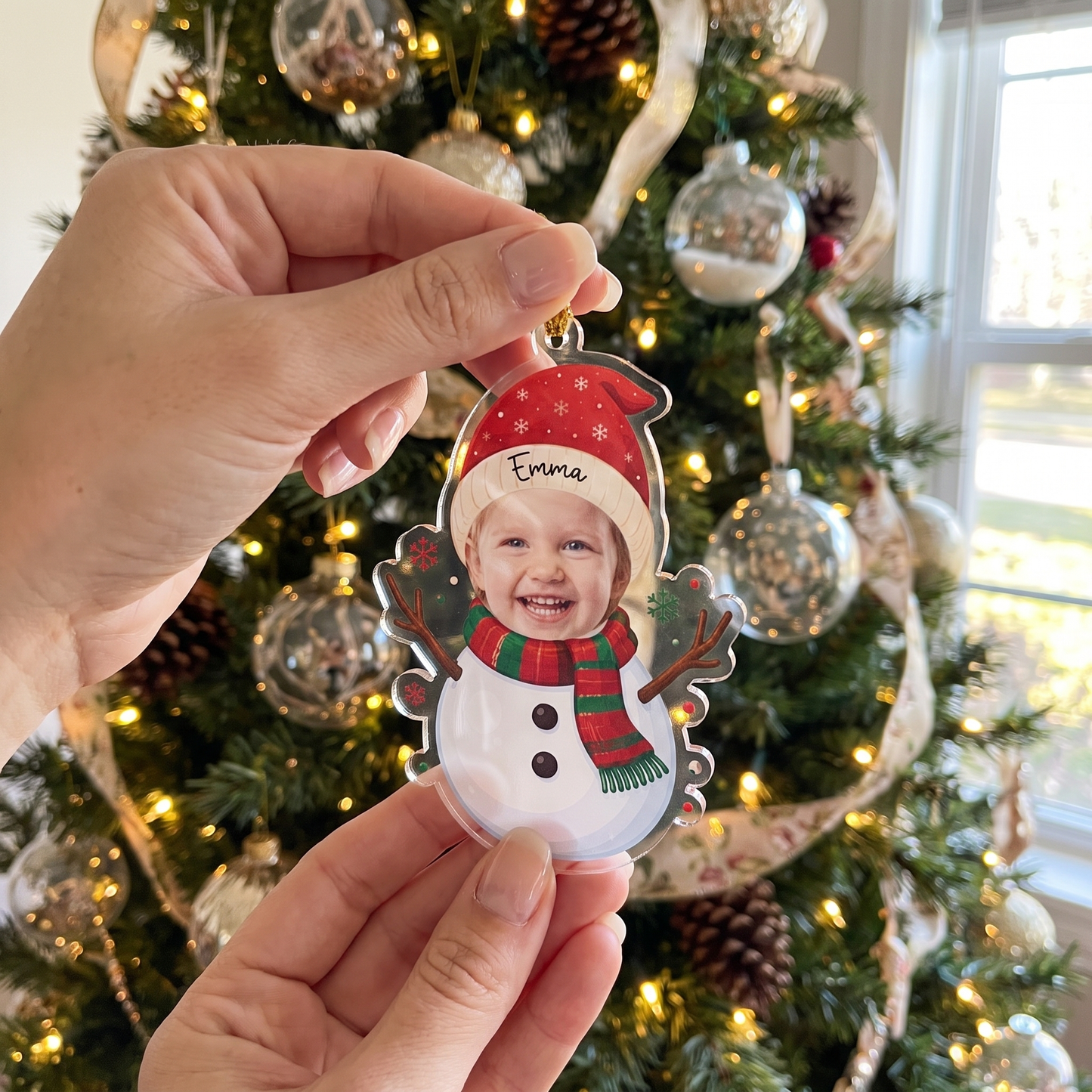 Personalized Cute Snowman Acrylic Christmas Ornament, Custom Photo Holiday Gift