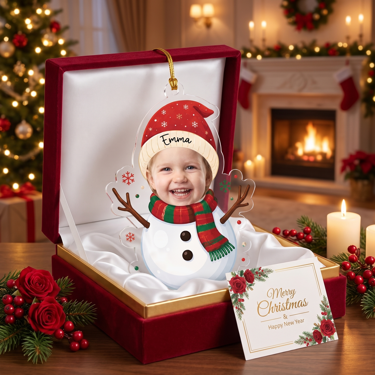 Personalized Cute Snowman Acrylic Christmas Ornament, Custom Photo Holiday Gift