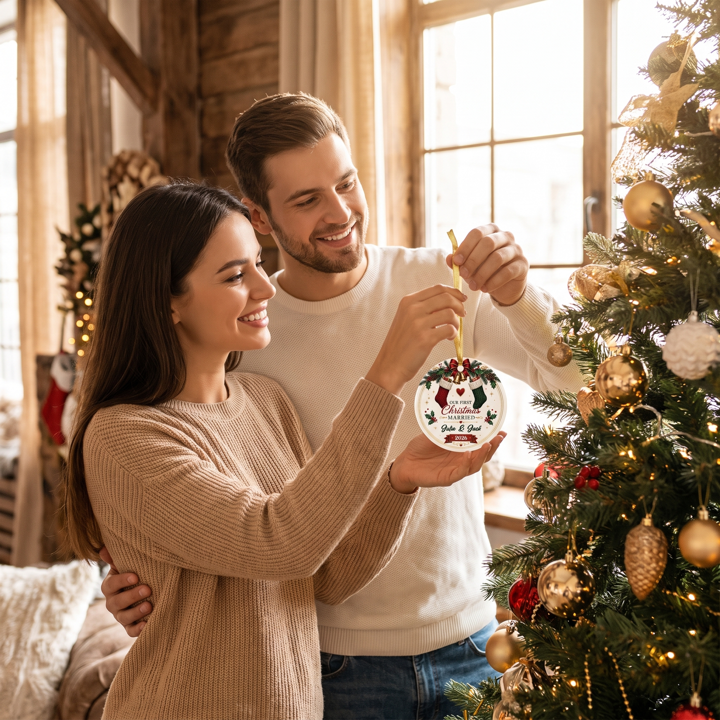 Personalized Our First Christmas Married Ceramic Ornament, Custom Name Wedding Christmas Gift