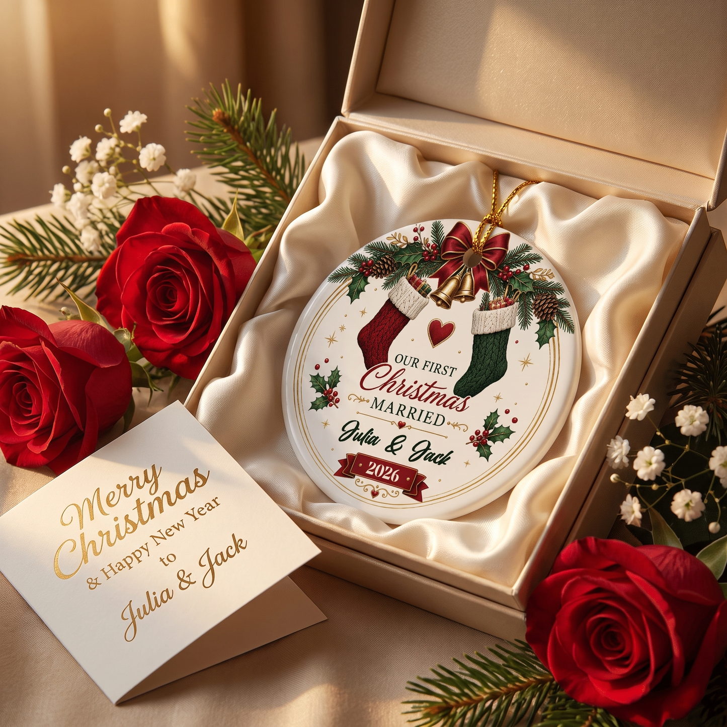 Personalized Our First Christmas Married Ceramic Ornament, Custom Name Wedding Christmas Gift