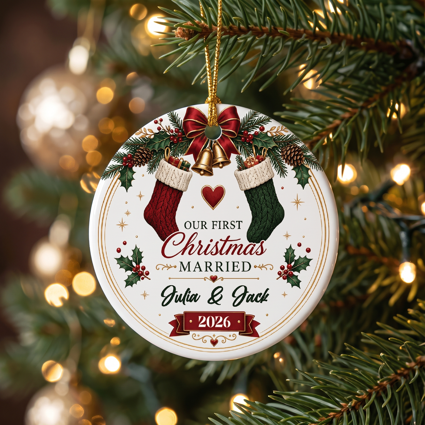 Personalized Our First Christmas Married Ceramic Ornament, Custom Name Wedding Christmas Gift