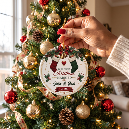 Personalized Our First Christmas Married Ceramic Ornament, Custom Name Wedding Christmas Gift