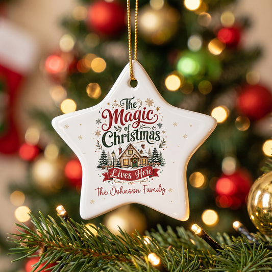 Personalized The Magic of Christmas Lives Here Star Ceramic Ornament, Custom Name Holiday Gift