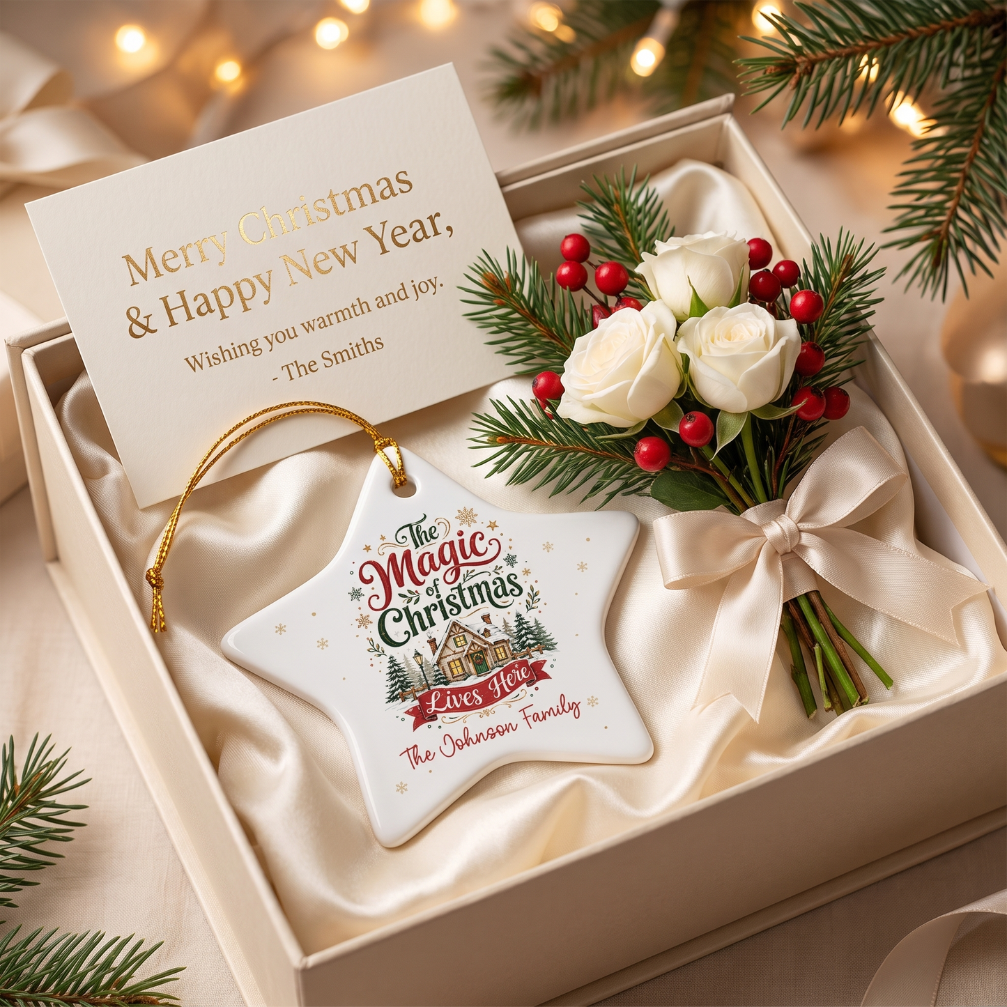 Personalized The Magic of Christmas Lives Here Star Ceramic Ornament, Custom Name Holiday Gift