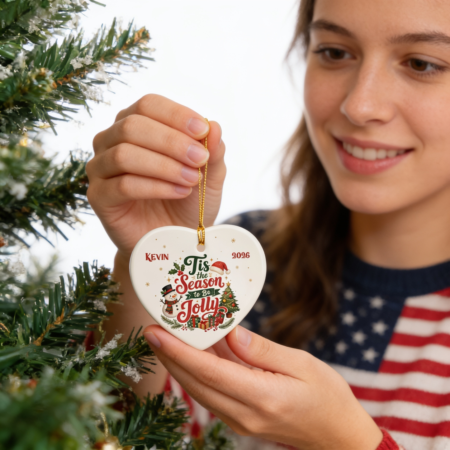 Personalized Tis the Season to Be Jolly Heart Ceramic Ornament, Custom Name Christmas Gift