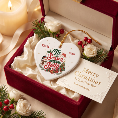 Personalized Tis the Season to Be Jolly Heart Ceramic Ornament, Custom Name Christmas Gift