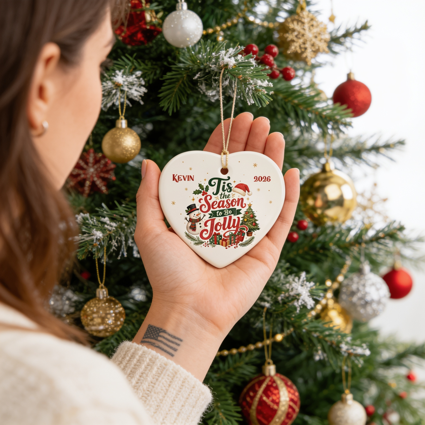 Personalized Tis the Season to Be Jolly Heart Ceramic Ornament, Custom Name Christmas Gift