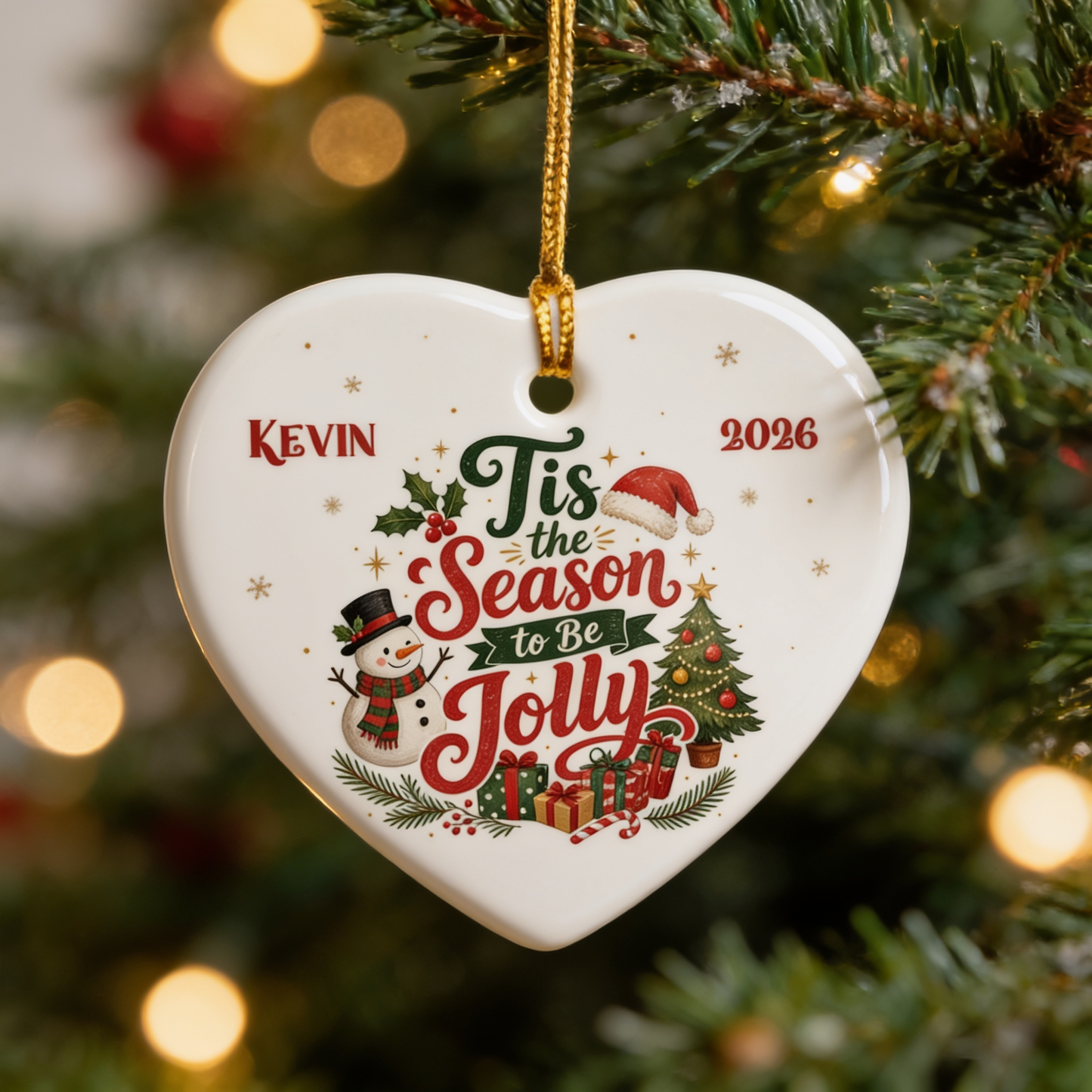 Personalized Tis the Season to Be Jolly Heart Ceramic Ornament, Custom Name Christmas Gift