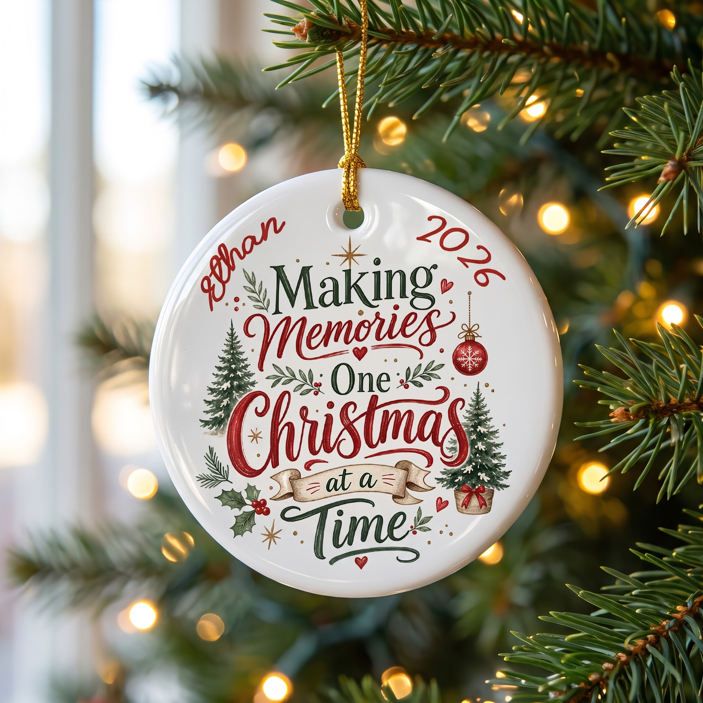 Personalized Making Memories One Christmas at a Time Round Ceramic Ornament with Custom Name