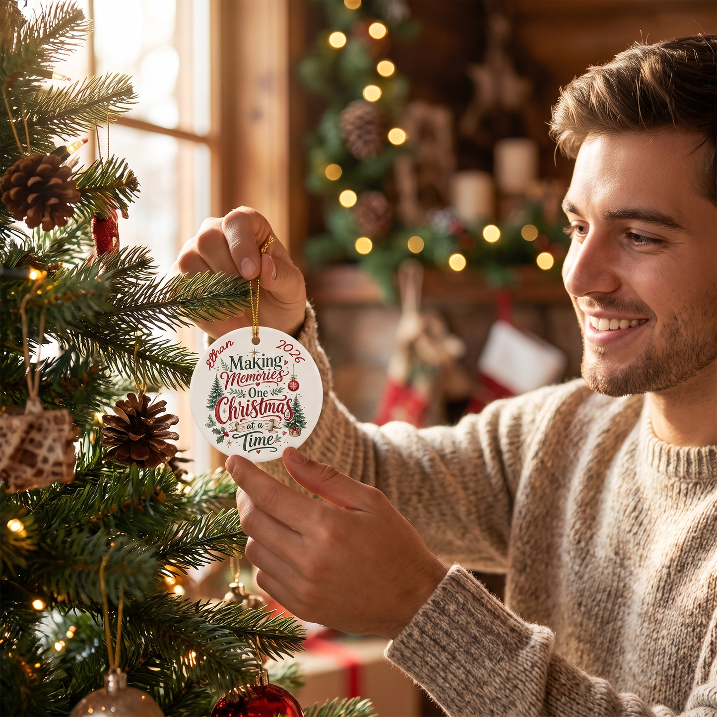 Personalized Making Memories One Christmas at a Time Round Ceramic Ornament with Custom Name