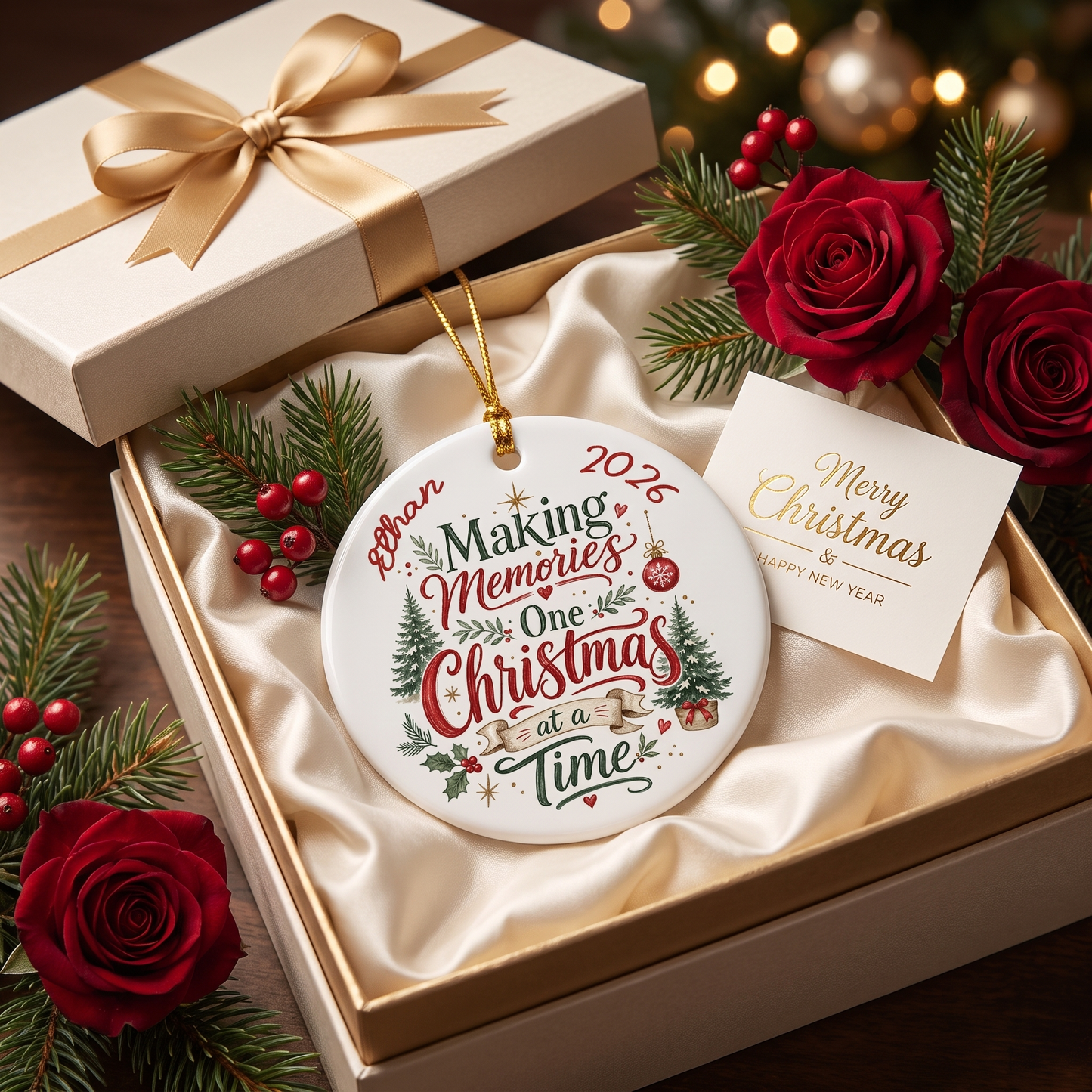 Personalized Making Memories One Christmas at a Time Round Ceramic Ornament with Custom Name