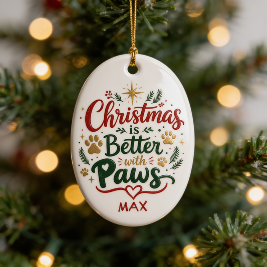 Personalized Christmas Is Better with Paws Oval Ceramic Ornament, Custom Name Pet Christmas Gift