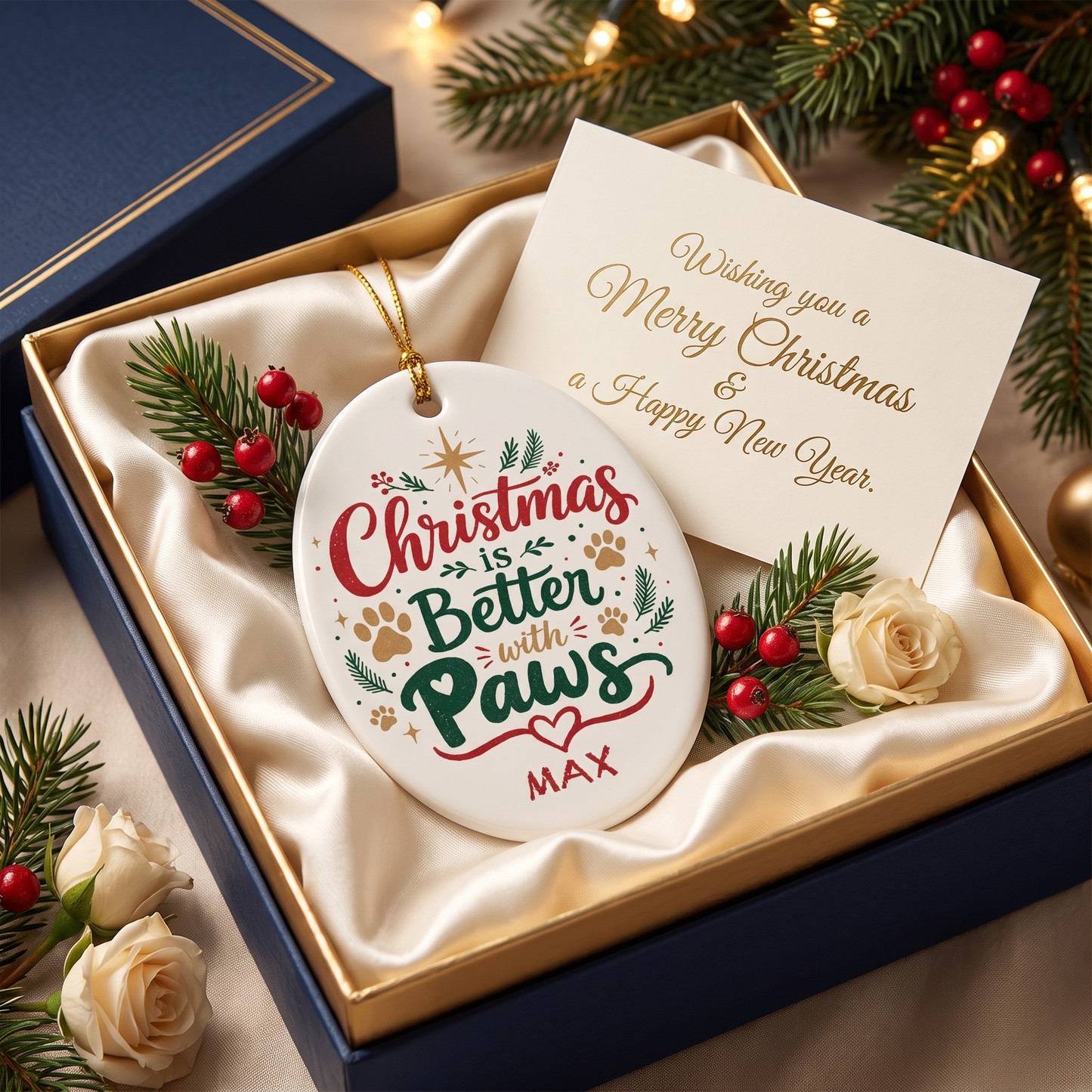 Personalized Christmas Is Better with Paws Oval Ceramic Ornament, Custom Name Pet Christmas Gift