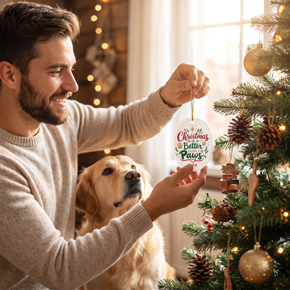 Personalized Christmas Is Better with Paws Oval Ceramic Ornament, Custom Name Pet Christmas Gift
