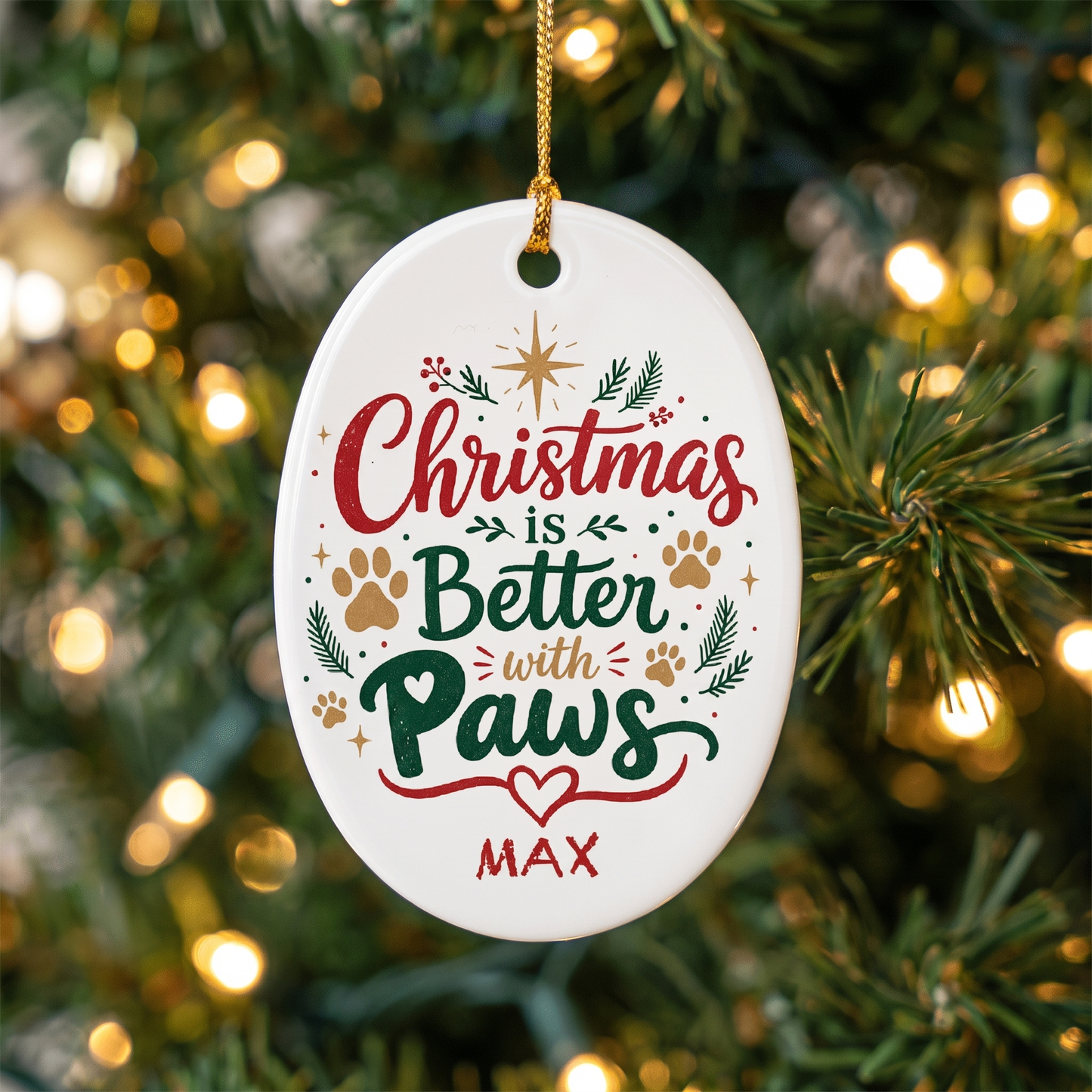 Personalized Christmas Is Better with Paws Oval Ceramic Ornament, Custom Name Pet Christmas Gift