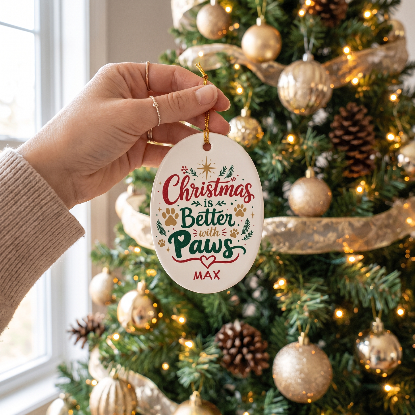 Personalized Christmas Is Better with Paws Oval Ceramic Ornament, Custom Name Pet Christmas Gift